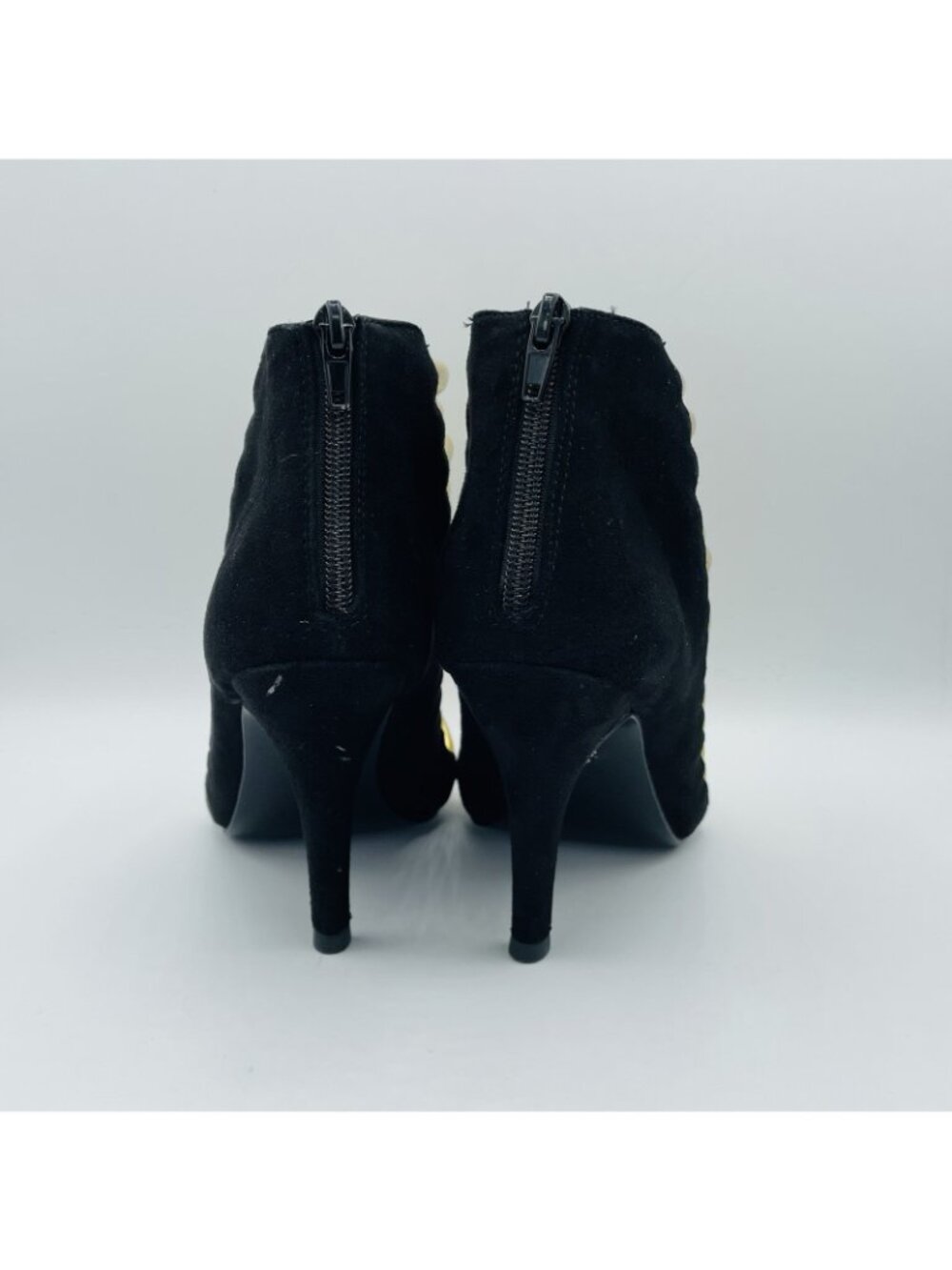 Torrid Shoes Womens Size 8 Wide Black Gold Ankle Booties Heels Zip Peep Toe - Picture 7 of 12